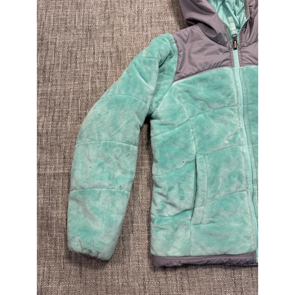 North Face Jacket Girls XL‎ Green Fuzzy Reversible Hooded Colorblock Windbreaker